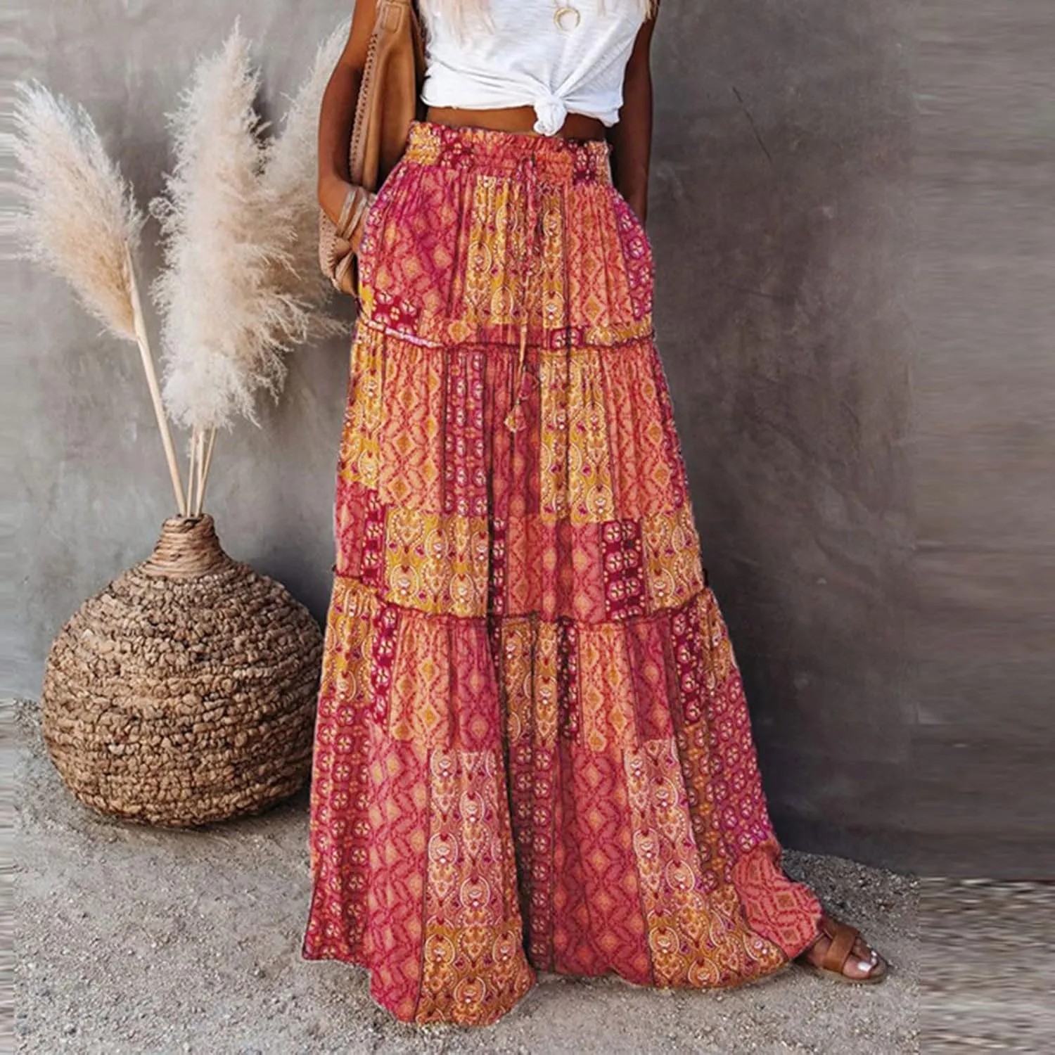 ZYXTIM Women's 2025 Boho Skirt E Elastic High Waist Pleated A-Line Flowy Swing Dresses Print Casual Summer Beach Long Skirts
