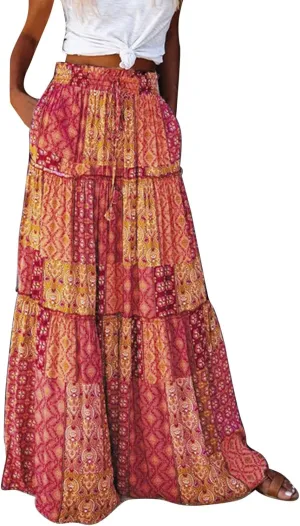 ZYXTIM Women's 2025 Boho Skirt E Elastic High Waist Pleated A-Line Flowy Swing Dresses Print Casual Summer Beach Long Skirts