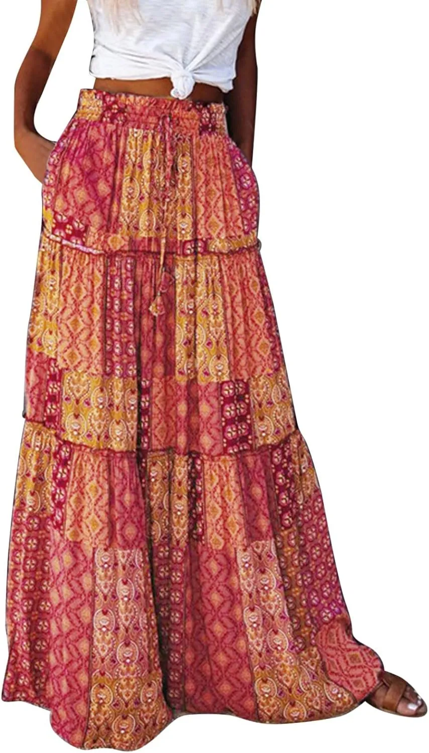 ZYXTIM Women's 2025 Boho Skirt E Elastic High Waist Pleated A-Line Flowy Swing Dresses Print Casual Summer Beach Long Skirts
