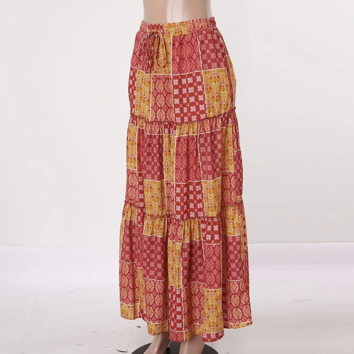 ZYXTIM Women's 2025 Boho Skirt E Elastic High Waist Pleated A-Line Flowy Swing Dresses Print Casual Summer Beach Long Skirts