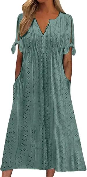 ZYXTIM Womens Eyelet Dress V Neck Short Sleeve Hollow Out Summer Beach Vacation Dresses Swing A Line Vintage Long Dresses