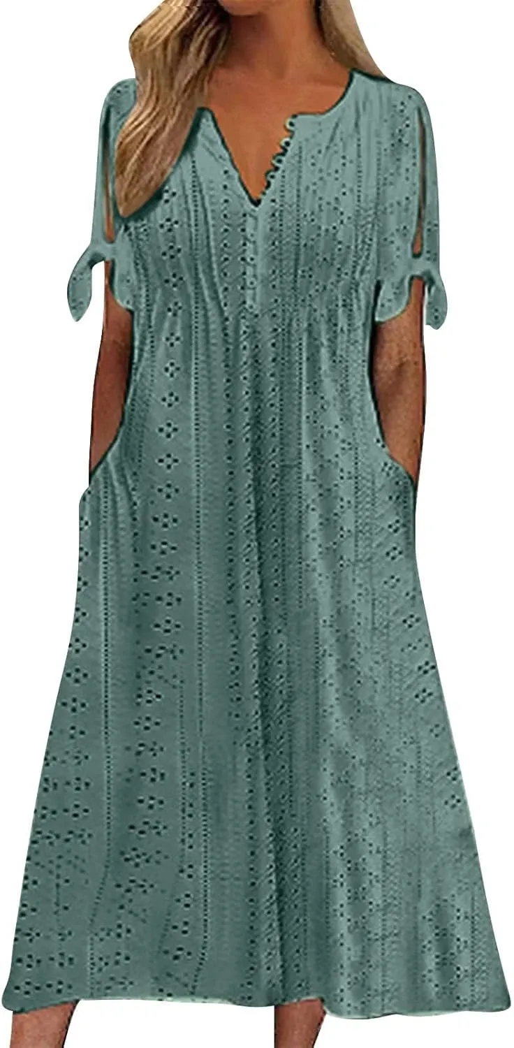 ZYXTIM Womens Eyelet Dress V Neck Short Sleeve Hollow Out Summer Beach Vacation Dresses Swing A Line Vintage Long Dresses