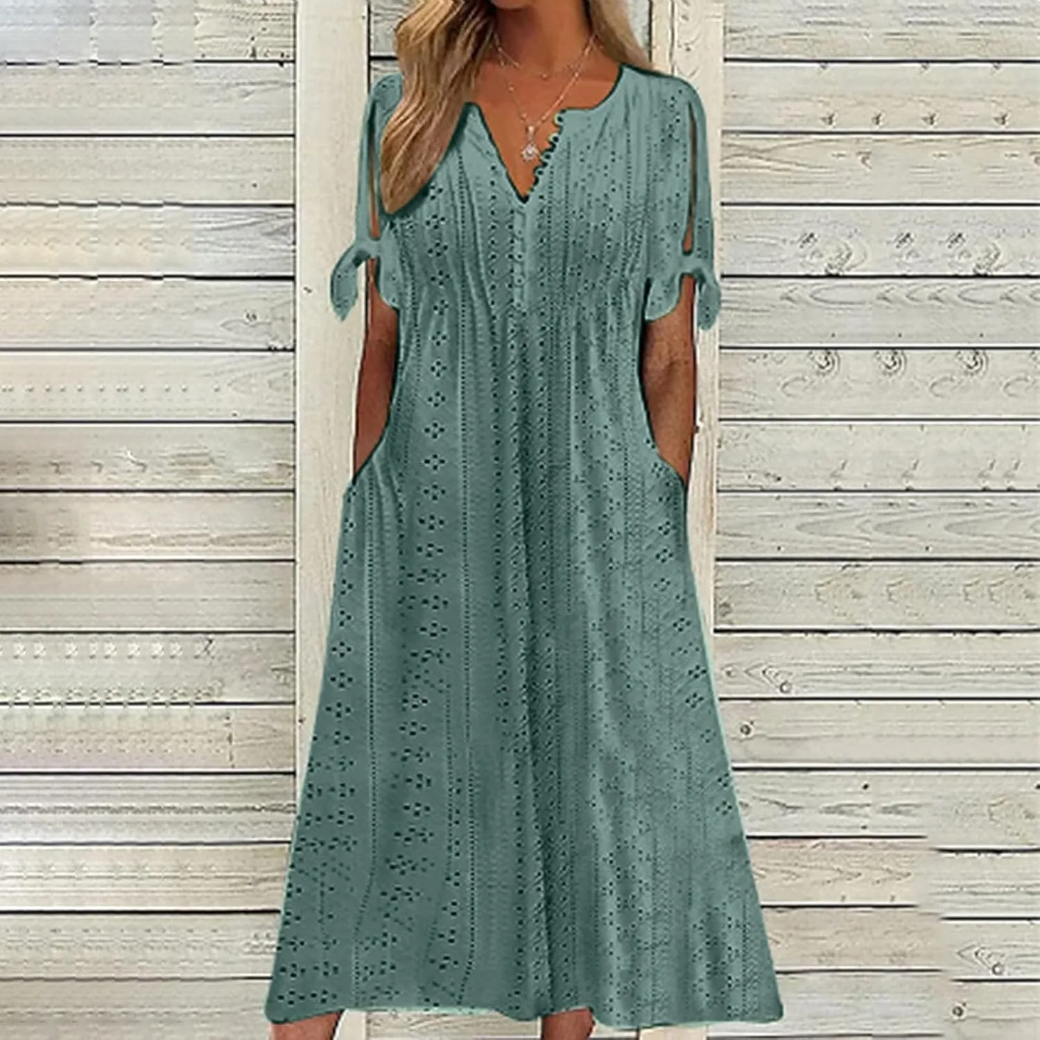 ZYXTIM Womens Eyelet Dress V Neck Short Sleeve Hollow Out Summer Beach Vacation Dresses Swing A Line Vintage Long Dresses