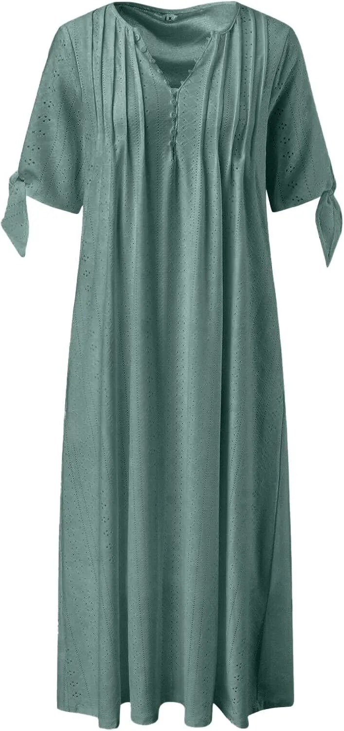 ZYXTIM Womens Eyelet Dress V Neck Short Sleeve Hollow Out Summer Beach Vacation Dresses Swing A Line Vintage Long Dresses