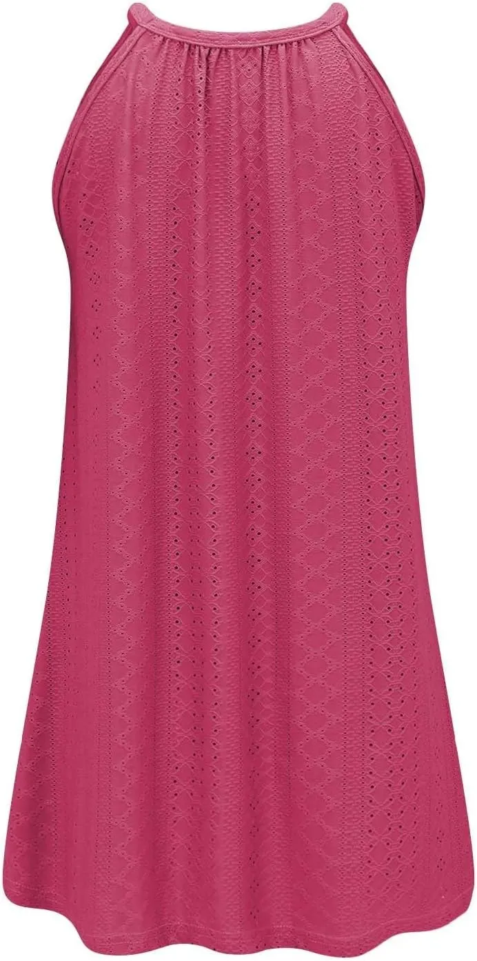 ZYXTIM Women's Eyelet Embroidery Summer Dresses Halter Neck Sleeveless A-Line Ruffle Swing Dresses Beach Resort Wear Dress