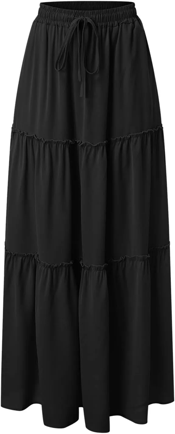 ZYXTIM Womens Flowy Boho Maxi Skirt Tiered Elastic High Waist Pleated Long Skirts Summer Hawaiian Resort Wear for Lady