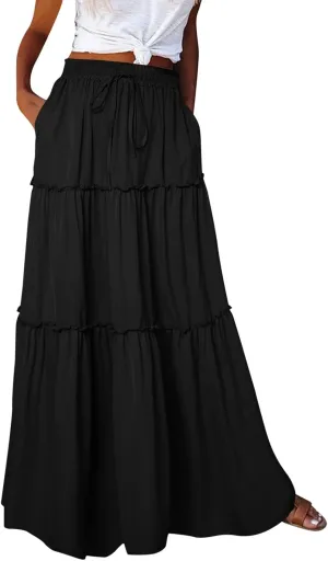 ZYXTIM Womens Flowy Boho Maxi Skirt Tiered Elastic High Waist Pleated Long Skirts Summer Hawaiian Resort Wear for Lady