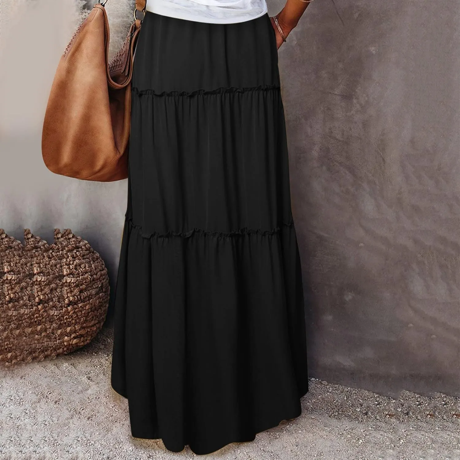 ZYXTIM Womens Flowy Boho Maxi Skirt Tiered Elastic High Waist Pleated Long Skirts Summer Hawaiian Resort Wear for Lady