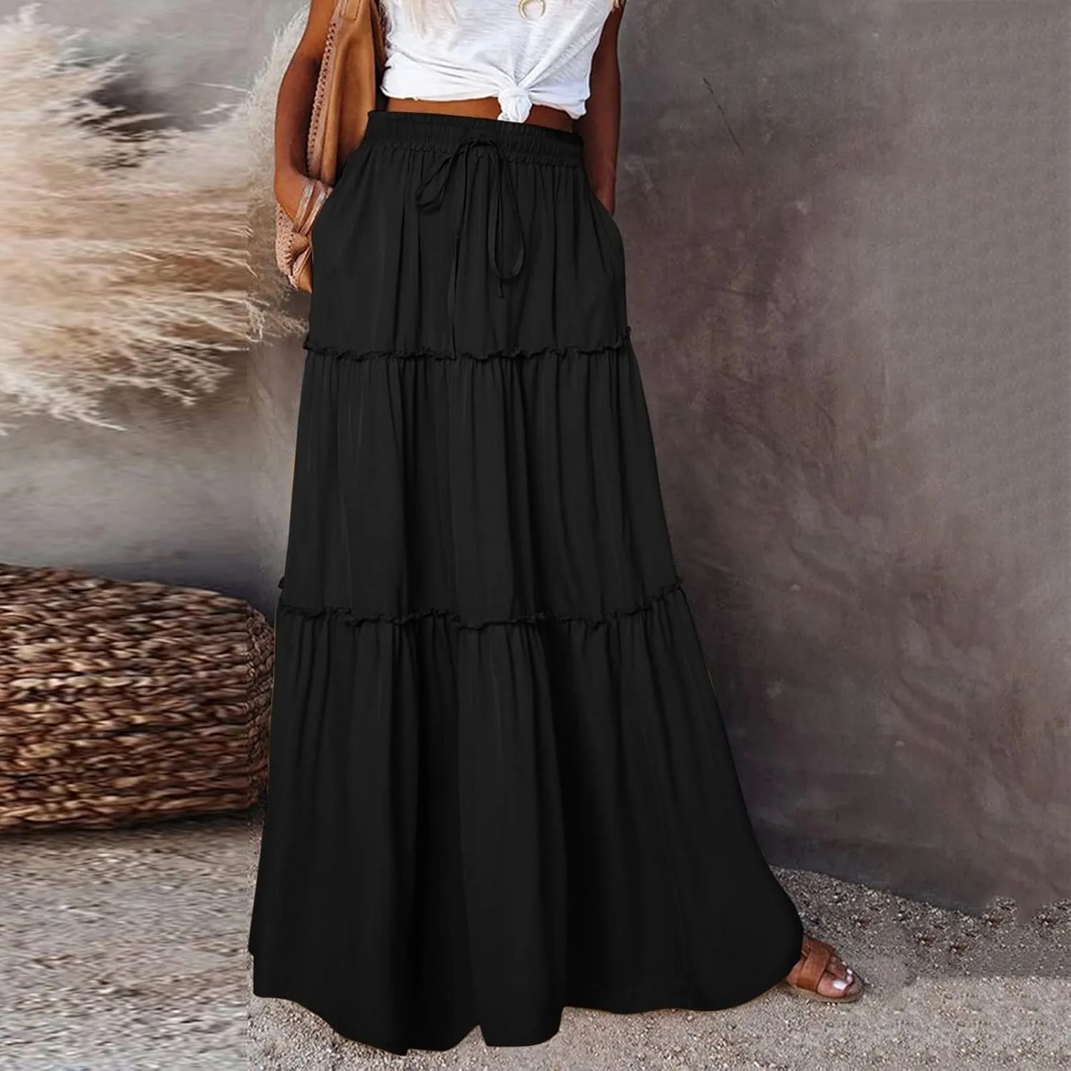 ZYXTIM Womens Flowy Boho Maxi Skirt Tiered Elastic High Waist Pleated Long Skirts Summer Hawaiian Resort Wear for Lady