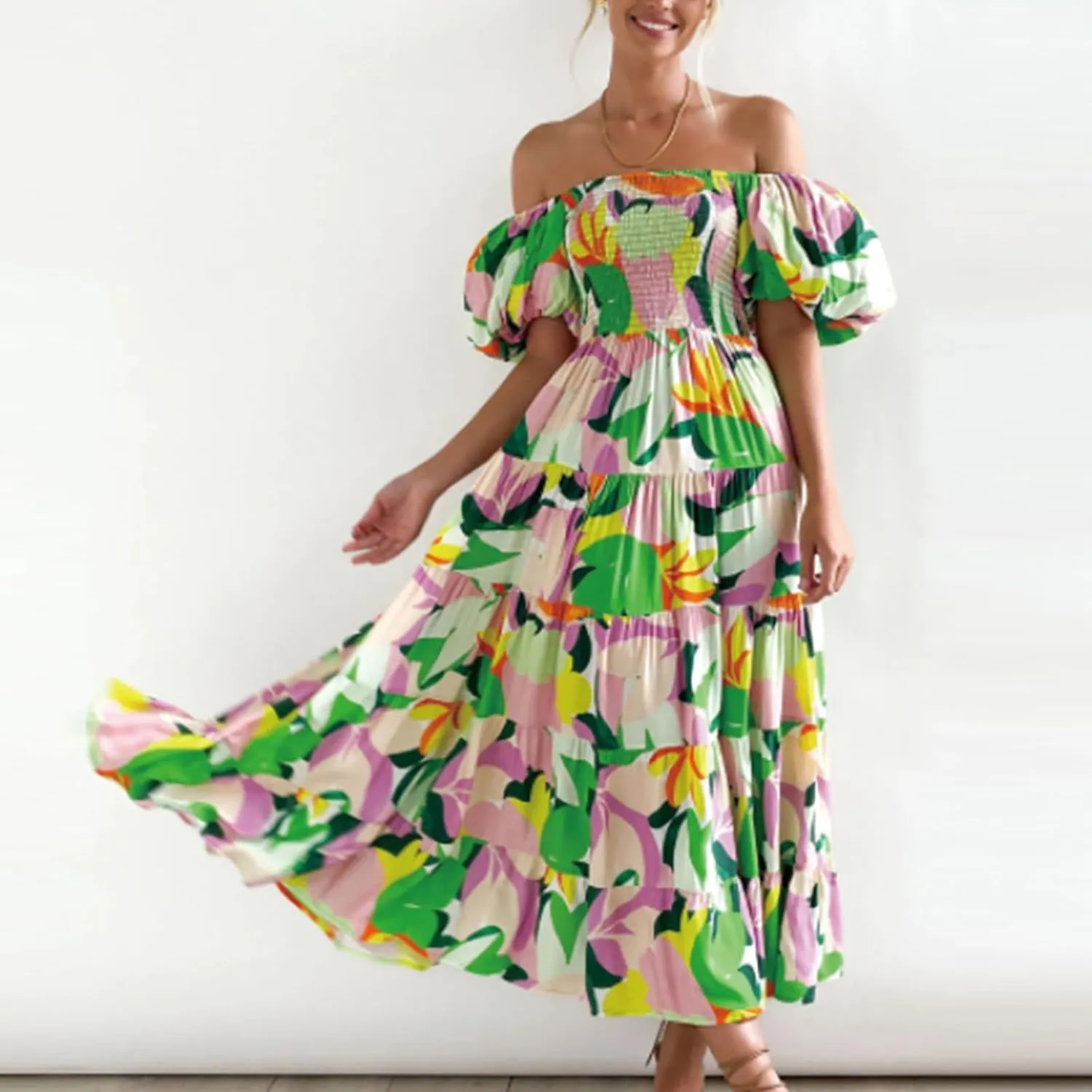 ZYXTIM Womens Off The Shoulder Summer Dresses Floral Printed Short Puff Sleeve Smocked Casual Dress Boho Beach Long Dresses