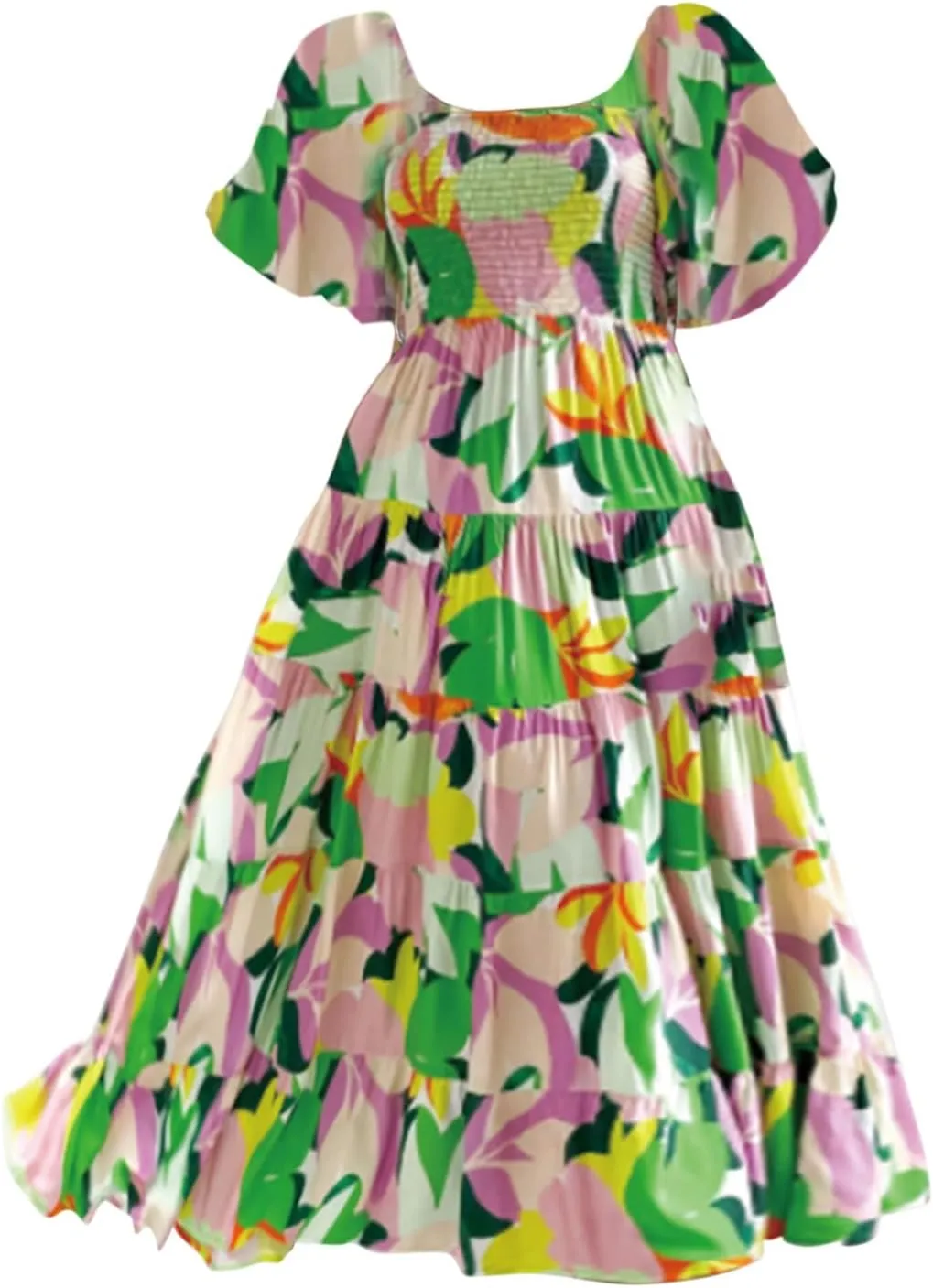 ZYXTIM Womens Off The Shoulder Summer Dresses Floral Printed Short Puff Sleeve Smocked Casual Dress Boho Beach Long Dresses