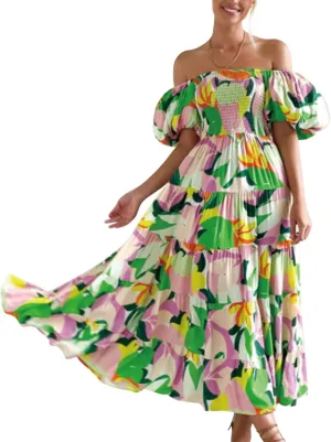 ZYXTIM Womens Off The Shoulder Summer Dresses Floral Printed Short Puff Sleeve Smocked Casual Dress Boho Beach Long Dresses
