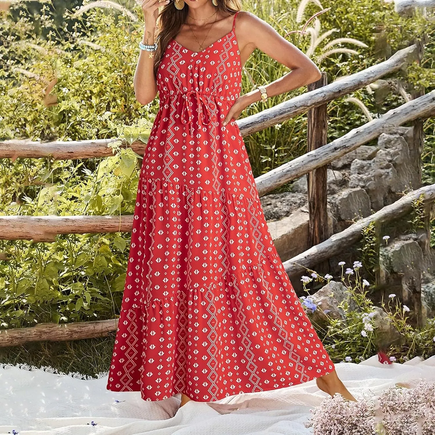 ZYXTIM Womens Summer Dresses 2025 V Neck Sleeveless Flowy Beach Dress Floral Printed High Waist A-line Sundress Long Dress
